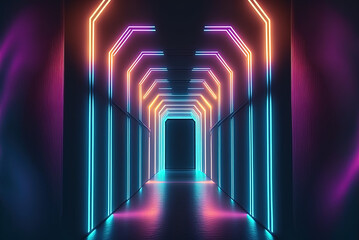 Neon Lights Underground Garage Room Cement Asphalt Corridor Tunnel Concrete Background. Generative AI.