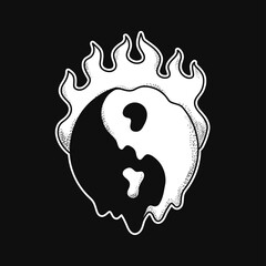 Yin Yang symbol burn in fire t-shirt print.Vector cartoon graphic illustration logo design