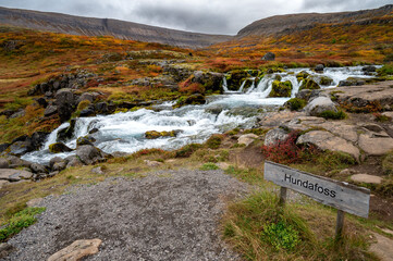 Beautiful view of the waterfall hundafoss near Dynjandi during autumn in the Westfjords in Iceland, Europe, stock photo