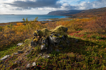 A big rock with a beautiful view in the Westfjords with autumn colors in Iceland, Europe