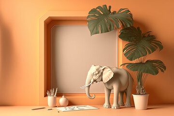 An imaginatively designed desk in pastel orange with tropical leaves, an elephant figurine, and a mock up frame. mockup design with a minimalistic feel. orange wall as a backdrop. Generative AI