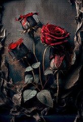 Dramatic artwork of red roses on a dark urban background. Generative AI. 