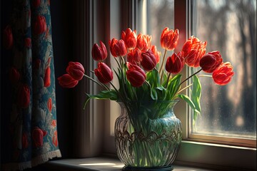  a vase of red tulips sitting on a window sill in front of a window with curtains and a curtain behind it, in front of a window with a curtain and a curtain.