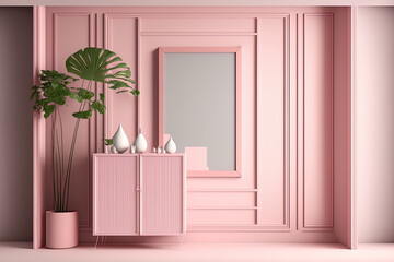 Poster frames and a contemporary cabinet in a contemporary, minimalistic, and empty room Mock up Pink Room Interior Concept. Generative AI