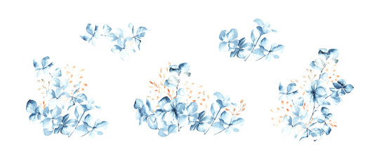 Bouquets of watercolor-drawn buds and herbs.
Set of elements for the design of cards, packaging, invitations