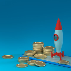 Rocket set to launch on a smartphone with columns of metallic coins on a blue background. Place for text and logo. Financial concept. Starting a business. 3D rendering