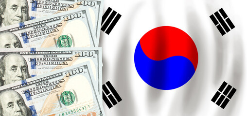 Dollars on flag of Korea, Korean finance, subsidies, social support, GDP concept