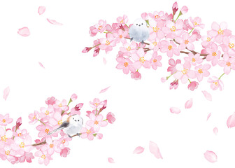 春の花：さくらと小鳥（エナガ）の散る花びらのフレームデザイン。水彩イラスト。 © Keiko Takamatsu