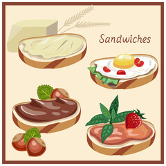 Set of options for sandwiches with butter, jam and chocolate on the piece of bread. Isolated.