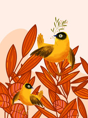 Tropical leaves and bird hand drawn vector illustration background.