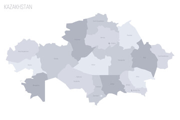 Kazakhstan political map of administrative divisions - regions and cities with region rights and city of republic significance Baikonur. Grey vector map with labels.