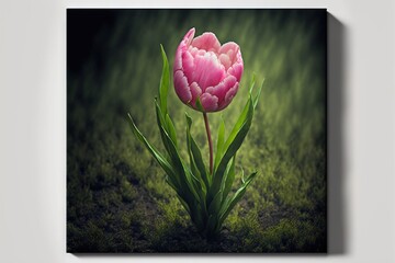  a pink flower is sitting in the grass with a shadow on the wall behind it and a green background behind it, with a white frame around the edges and a black border, with.
