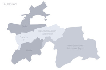 Tajikistan political map of administrative divisions - regions, autonomous region of Gorno-Badakhshan, districts of Republican Subordination and capital city of Dushanbe. Grey vector map with labels.