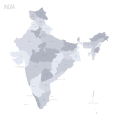 India political map of administrative divisions - states and union teritorries. Grey vector map with labels.