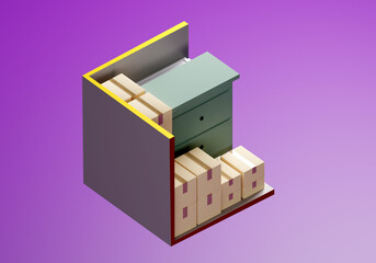 Rental Storage Units 5 by 5 feet. Self storage unit cutaway. Warehouse container with content demonstration. Rental storage room on purple background. Warehouse unit with various boxes. 3d image