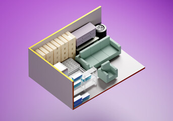 Rental Storage Units 10 by 30 feet. Rental Storage Units for personal belongings. Storage space inside container. Rent of container for safekeeping furniture. Demonstration of spaciousness. 3d image