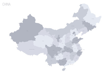 China political map of administrative divisions - provinces, autonomous regions and municipalities. Grey vector map with labels.