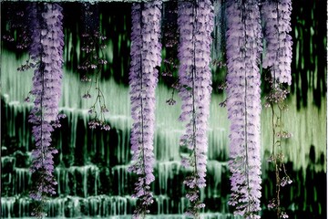  a bunch of purple flowers hanging from a ceiling next to a wall of water cascadings and a clock on a pole in front of a building with a green wall behind it.