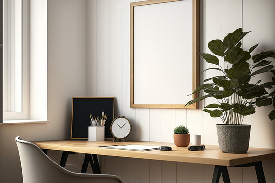 Cropped image of a cozy office with a mock up frame, decorations, and copy space against a white wall and wooden table. Generative AI