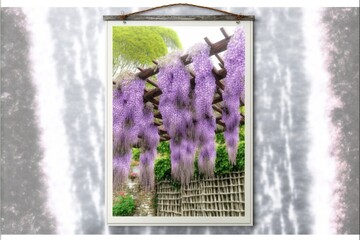  a picture of a wister tree in a garden with a fence and a building in the background with a picture of wister trees in the background with a white frame hanging on a.