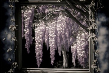  a picture frame with a tree and a purple flowered tree in the background and a window with a picture frame in the middle of it that has a picture of a tree with purple flowers.