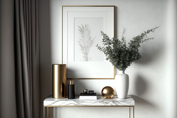 A modern living area with a white wall and an empty picture frame. interior design mockup in a modern, Scandinavian design. Leave room for your photo. Glass vase holding dry grass and a marble console