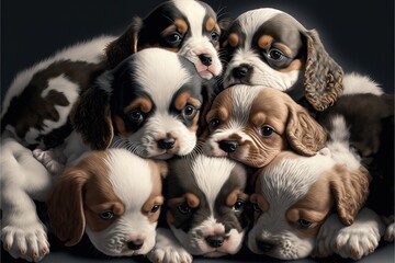  a group of puppies are huddled together in a pile on a black background with a black background behind them and a white border around the puppies is surrounded by brown and white paws.
