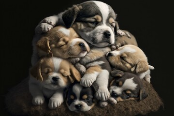  a group of puppies are huddled together on a pillow in the dark room, with one sleeping on the other side of the puppies's head and the other end of the puppies.
