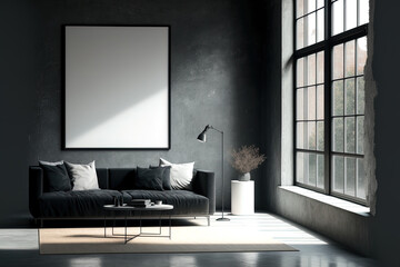 Interior of a dark living room with a concrete floor, an empty white poster, a large window, a sofa, and a coffee table. Design idea for a modern flat. a mockup. Generative AI