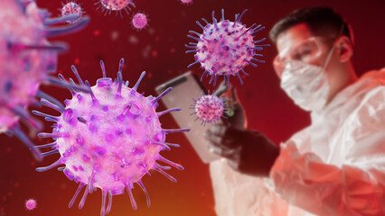Kraken bacteria near researcher. Covid XBB.1.5 mutation. New coronavirus stamp. Molecules of Kraken...