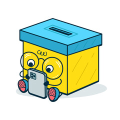 Cute funny vote box with smartphone .Vector doodle hand drawn cartoon character illustration