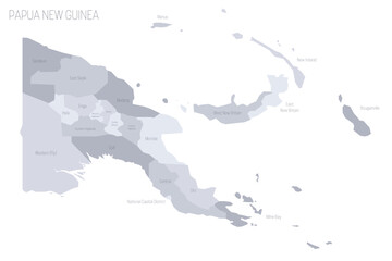 Papua New Guinea political map of administrative divisions - provinces, autonomous region and National Capital District. Grey vector map with labels.