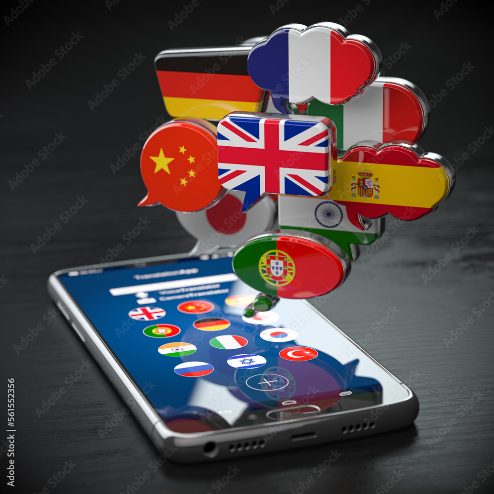 Poster Global communication, dictionary, translating  and learning languages online app concept. Mobile smartphone and speech bubbles with flags.