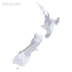 New Zealand political map of administrative divisions - regions. Grey vector map with labels.