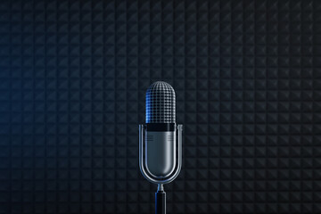 Retro microphone in radio station studio. 3d illustration
