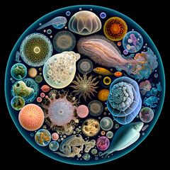 Plankton cartoon set on black background. phytoplankton. Generative AI