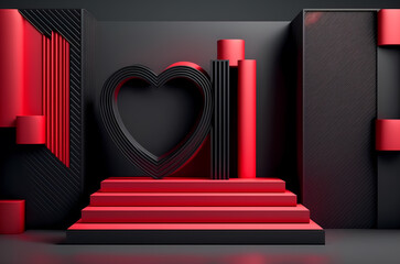 Podium for products with hearts, Valentine's Day Black Red concept, generative ai - obrazy, fototapety, plakaty