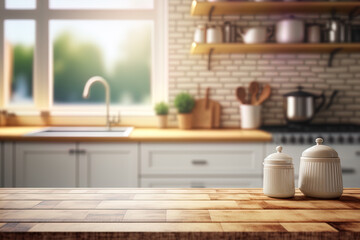 Fototapeta premium Wood table top with a background of a kitchen room in blur. Mockup counter for product montage or important visual layout design. Generative AI