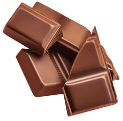 Dark milk chocolate chunks isolated on white background. Broken smooth Chocolate pieces closeup.
