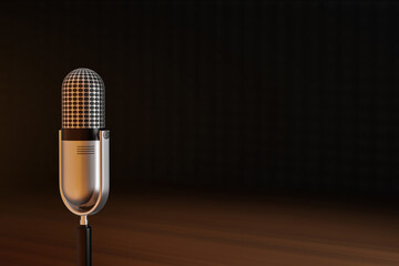 Retro microphone on dark background. 3d illustration