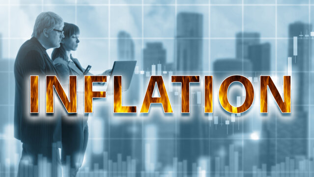 Inflation logo. Man and woman near chart. Financial analysts monitor inflation risks. Investors with laptop in front skyscrapers. Inflationary crisis. Traders trade on stock exchange during crisis - Powered by Adobe