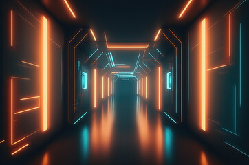 Abstract light tunnel, corridor with neon light. Hi-tech sci-fi passageway.
