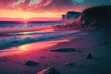 Fototapeta na wymiar Colorful illustration of sunset in the beach. Genrative AI