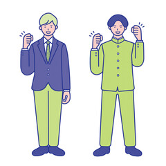 ガッツポーズをする男子学生の全身イラスト素材【セット】
