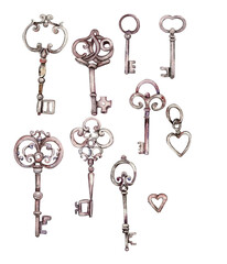 Watercolor illustration of an old rusty element carved keys set. Hand-drawn in watercolour on a white background. Perfect for wedding invitation, greetings card, posters, party decor.
