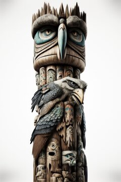 Ornate native indigenous American carved totem pole isolated on a white background