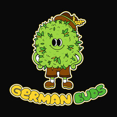 Cute cannabis bud character. German buds logo concept. Vector cartoon character icon. Marijuana,weed bud in traditional German costume print for t-shirt,sticker,logo,poster concept