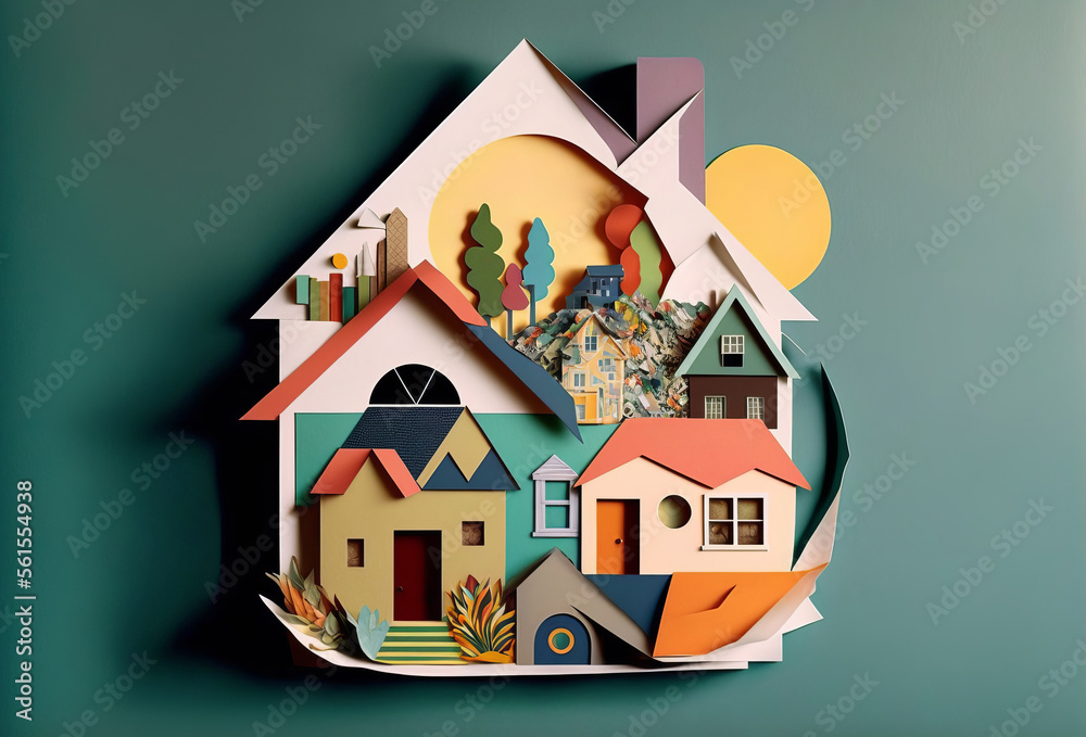 Wall mural abstract house trendy paper collage design. Generative ai