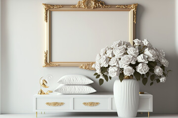 white furniture with a golden horizontal frame and a bunch of rose flowers as luxury interior design inspiration for mockup creations. Generative AI