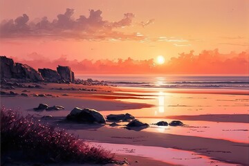 Obraz premium Colorful illustration of sunset in the beach. Genrative AI